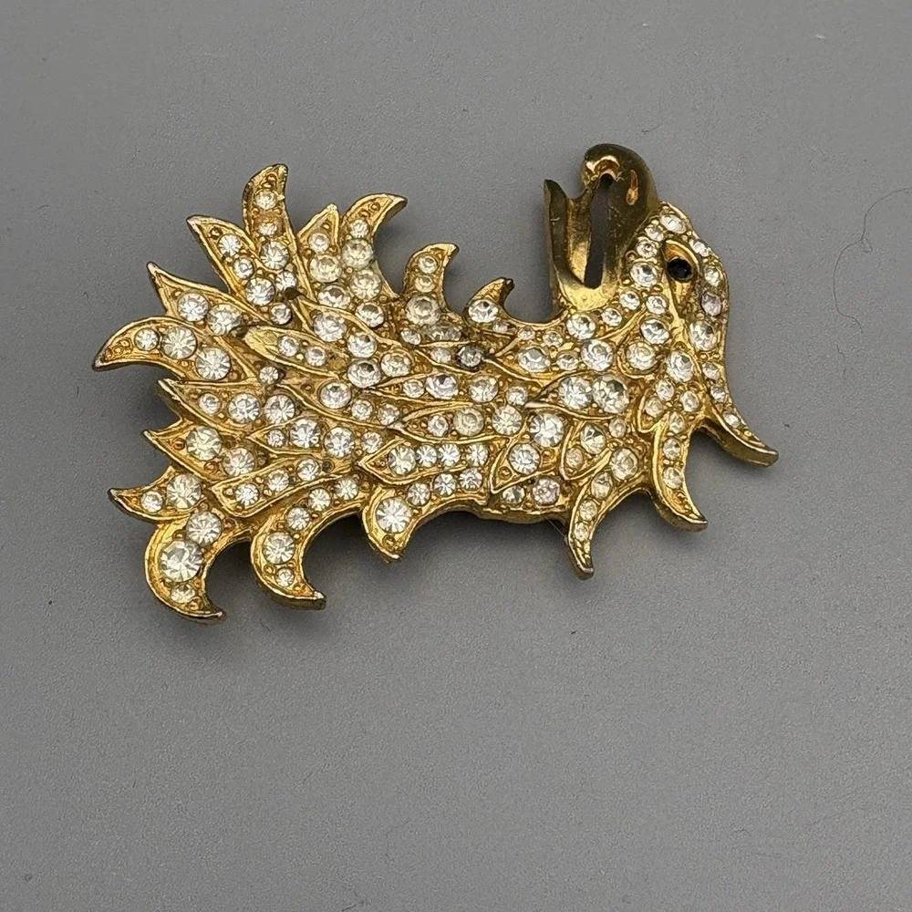 RARE Cadoro Brooch Griffin Winged Lion Rhinestone Heraldic 24K Gold Plate